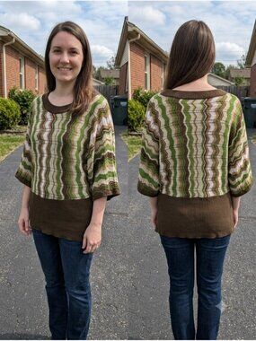 Vintage 90s Gabriel New York Chevron Knit Sweater Top 1X Plus Green Brown Earthy